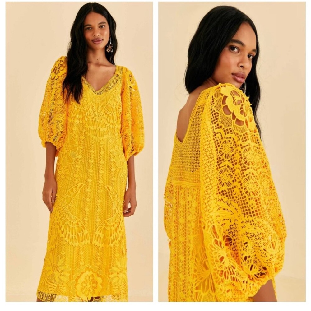Farm Rio Yellow Guipure Lace Midi Dress | Romantic Boho Resort (NWT | Small)